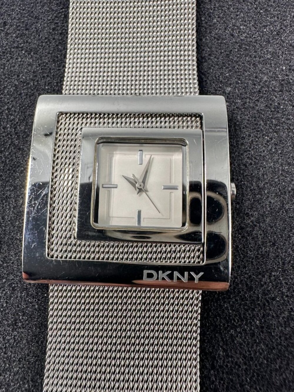 DKNY Watch Women Stainless Steel Square Dial Mesh Band New Battery 8.5"